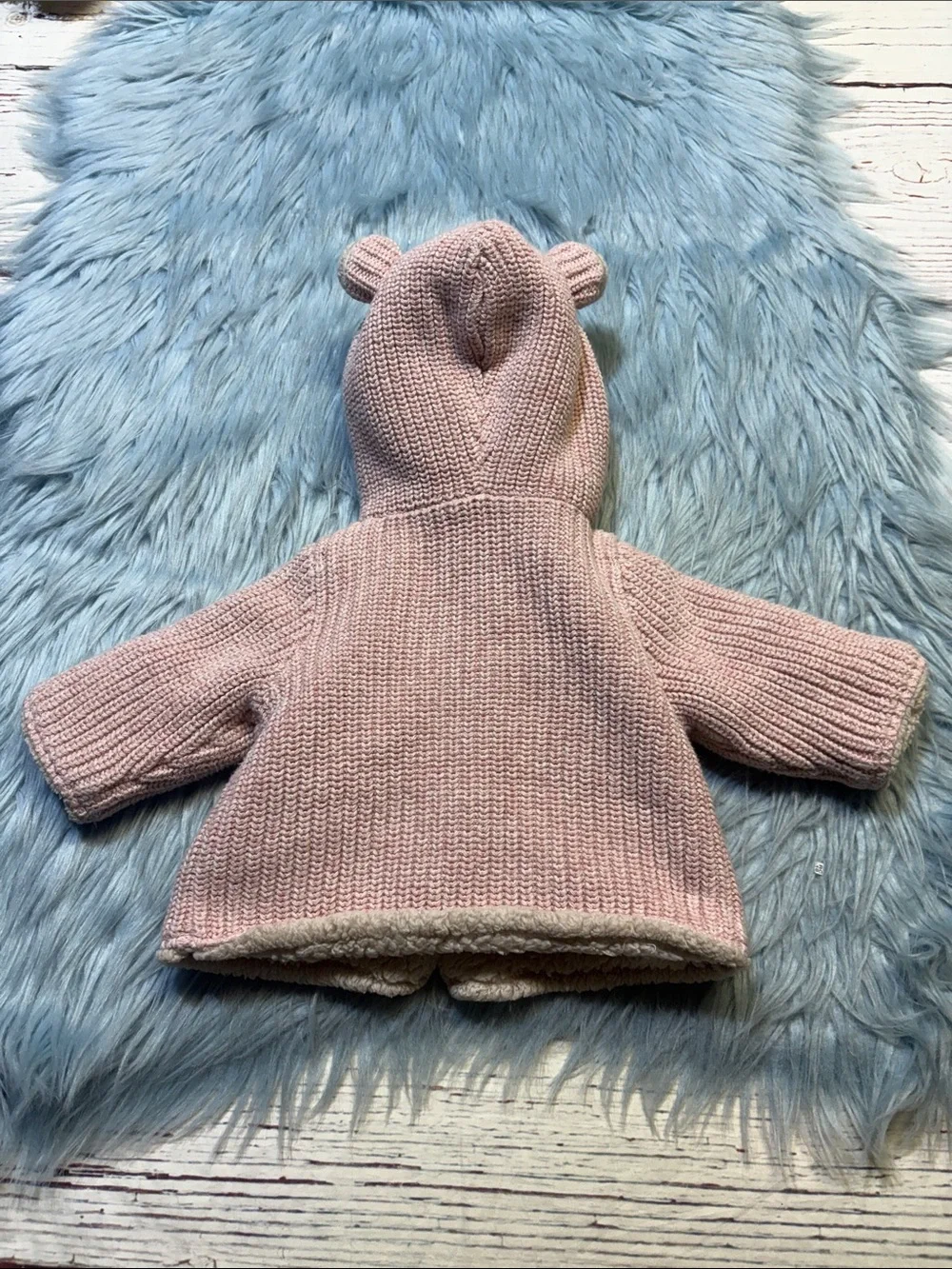 GAP Baby Hooded Cardigan in Light Pink with Cream Sherpa Lining Sz 0-3M